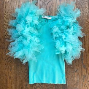 NWT Zara Party Top Teal Turquoise Tulle Sleeve Size Small Stretch